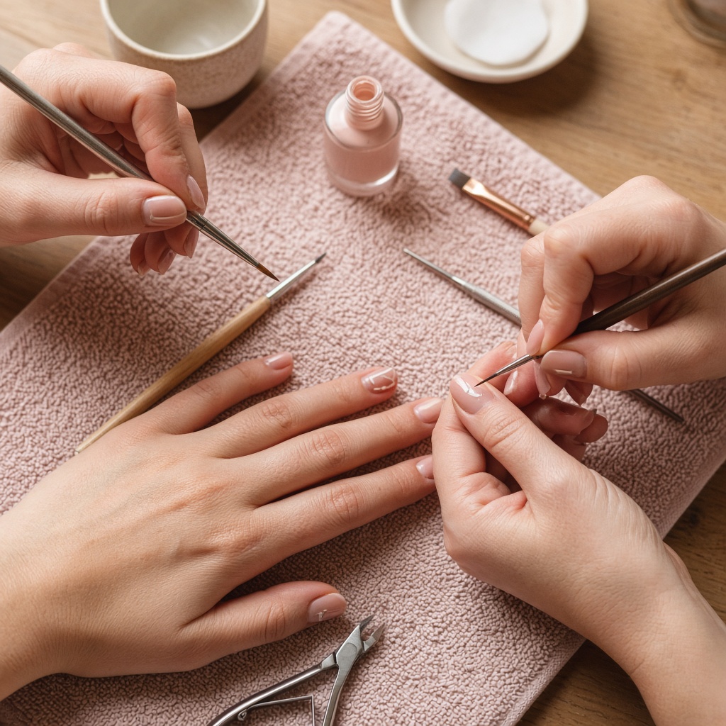 Dua pasang tangan sedang belajar nail art di meja