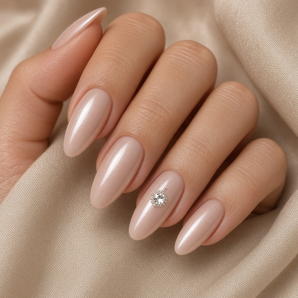 Nail extension almond panjang warna nude champagne