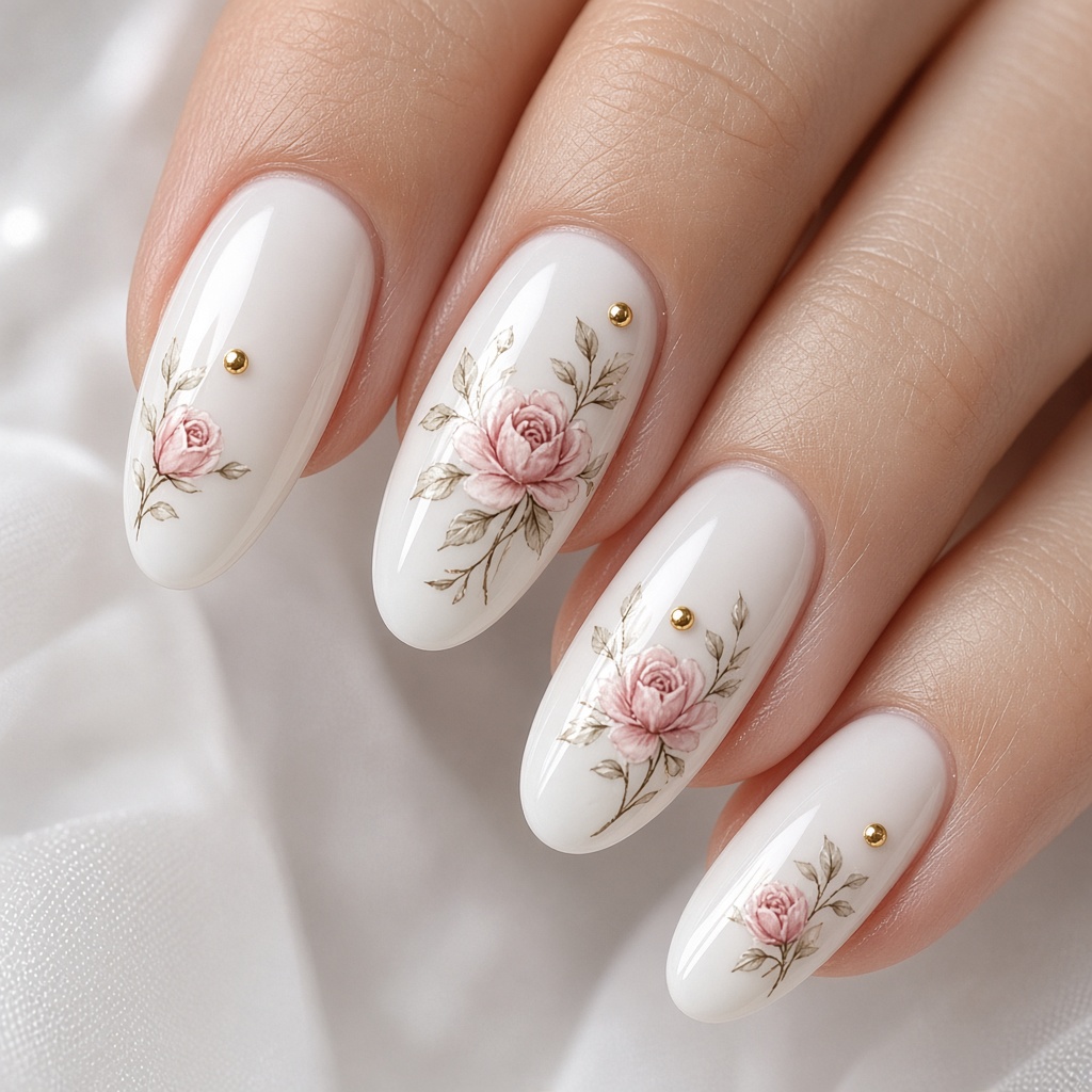 Nail art bunga blush pada dasar milky white